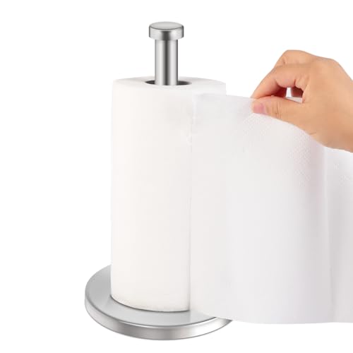 JUTOROSY Paper Towel Holder Stand, Countertop Paper Towel Holder, Stainless Steel Standing Paper Towel Roll Holder with Weighted Base for Kitchen Bathroom, Silver, 1 Pack