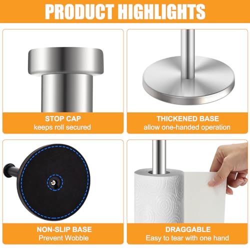 JUTOROSY Paper Towel Holder Stand, Countertop Paper Towel Holder, Stainless Steel Standing Paper Towel Roll Holder with Weighted Base for Kitchen Bathroom, Silver, 1 Pack