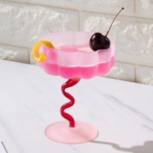 colorful wiggly spiral cocktail coupe glass | fun swirly squiggly stem dessert glass | frosted pink & red colored pastel flower shaped glasses, unique goblet, cocktails & wine glassware