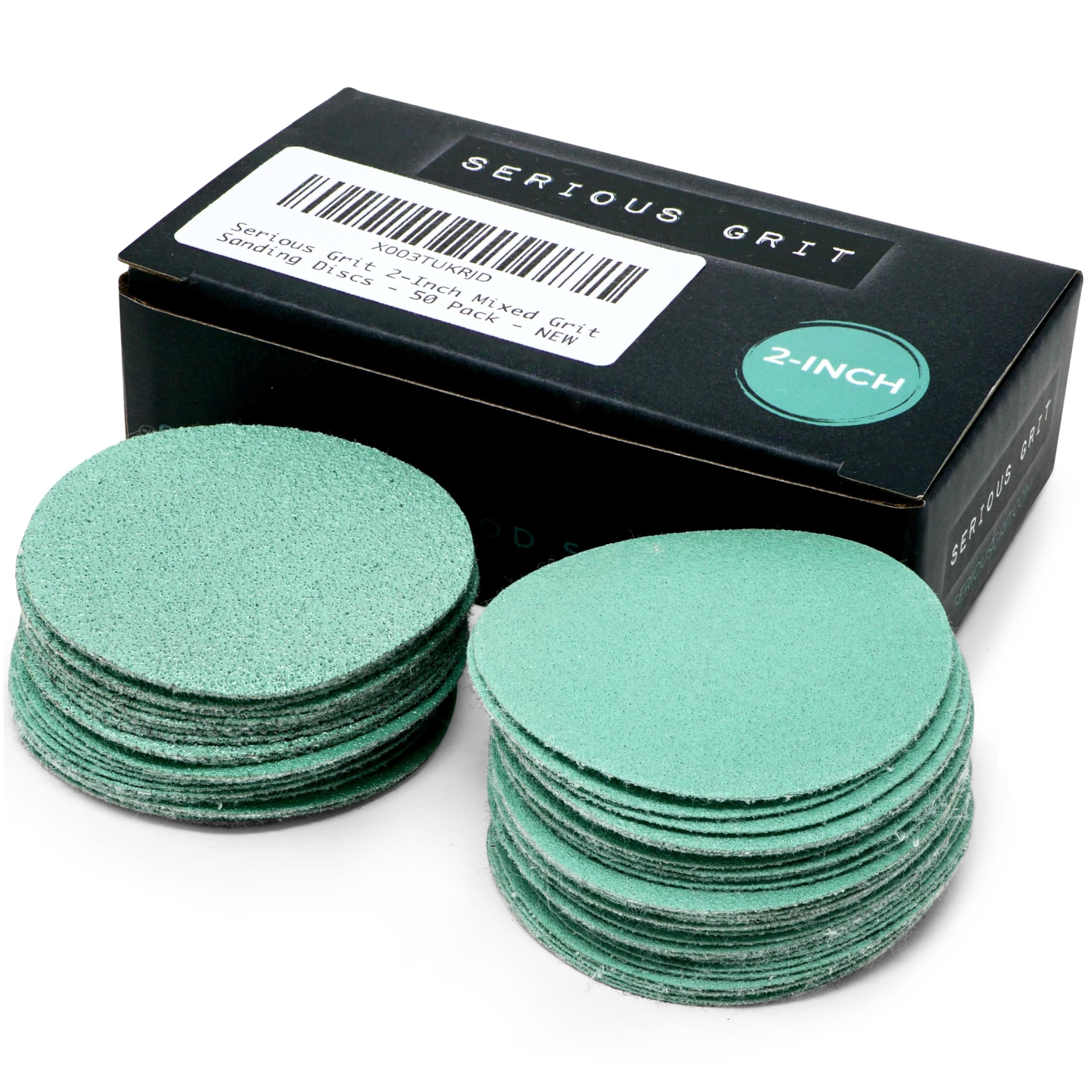 Serious Grit - 2-Inch Sanding Disc Assortment - 80 120 150 180 220 Grit (10/Each) Heavy-Duty Hook & Loop Film Discs - Sandpaper for Woodturning & Drill Attachment Sanding Pads - 50 Pack