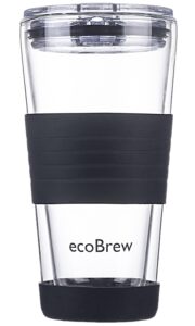 ecobrew 16oz double wall glass tumbler with lid, glass travel mug, dishwasher safe & microwavable clear coffee tumbler to go, reusable ceramic cup with lid