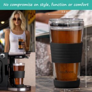 ecoBrew 16oz Double Wall Glass Tumbler with Lid, Glass Travel Mug, Dishwasher Safe & Microwavable Clear Coffee Tumbler To Go, Reusable Ceramic Cup with Lid