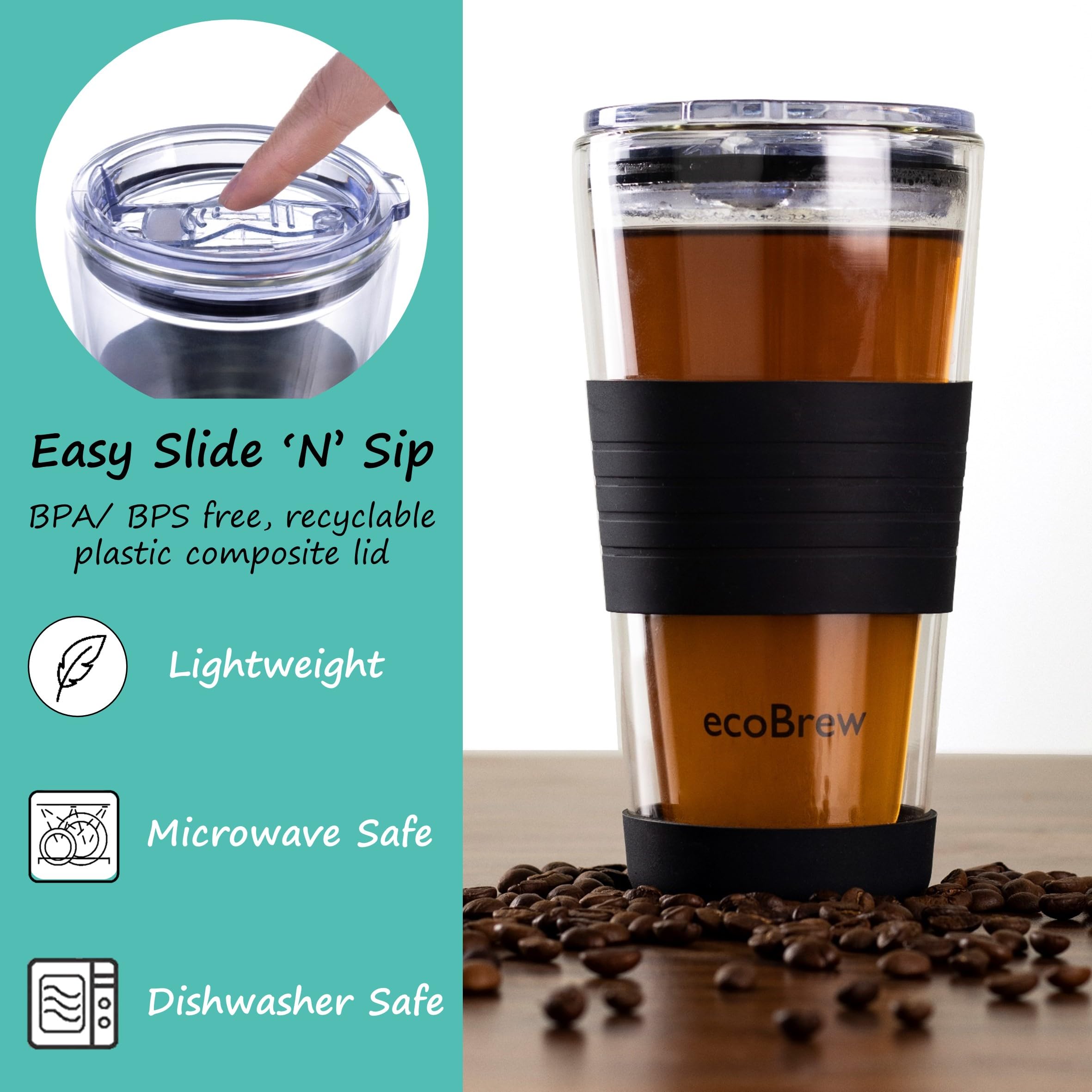 ecoBrew 16oz Double Wall Glass Tumbler with Lid, Glass Travel Mug, Dishwasher Safe & Microwavable Clear Coffee Tumbler To Go, Reusable Ceramic Cup with Lid