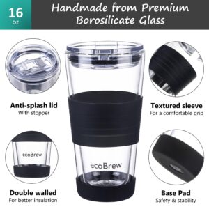 ecoBrew 16oz Double Wall Glass Tumbler with Lid, Glass Travel Mug, Dishwasher Safe & Microwavable Clear Coffee Tumbler To Go, Reusable Ceramic Cup with Lid