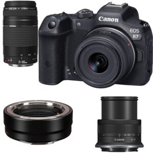 Canon EOS R7 Mirrorless Camera with 18-45mm & EF 75-300mm Lenses + Mount Adapter + 20 Essential Accessories for Content Creators