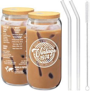 51st birthday gifts for women - vintage 1973 soda can glass 20oz w/ bamboo lid & glass straw set - aesthetic 51 year old birthday gift for mom, wife, grandma - 51st birthday decorations for women