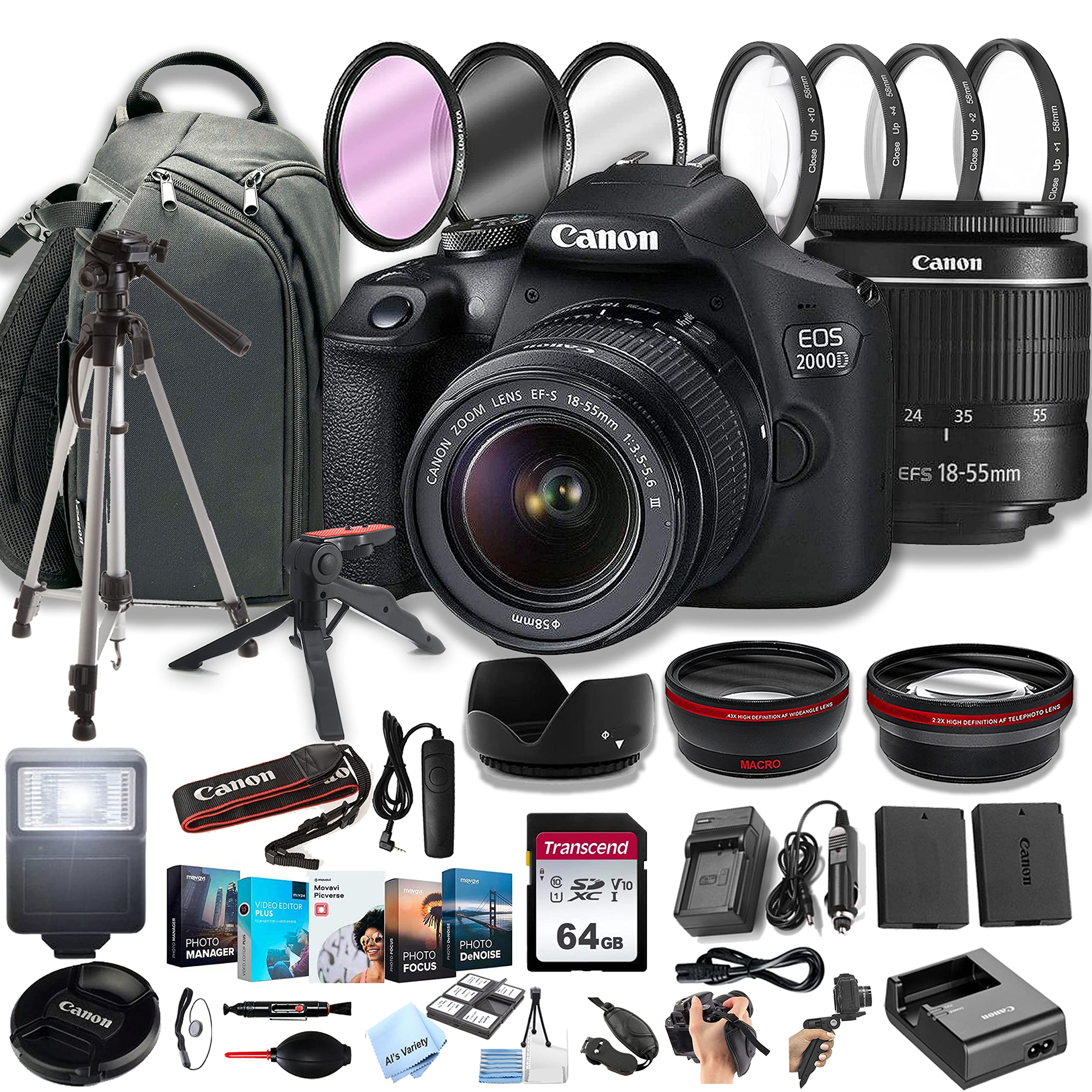 Canon EOS 2000D (Rebel T7) DSLR Camera w/EF-S 18-55mm F/3.5-5.6 Zoom Lens + 100S Sling Backpack + 64GB Memory Cards, Professional Photo Bundle (40pc Bundle)