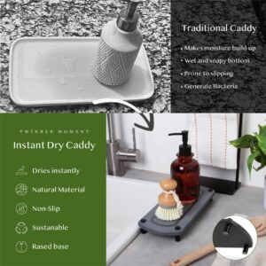 TWINKLE MOMENT 2pcs Instant Dry Sink Caddy Organizer, Fast Drying Sponge & Soap Dispenser Holder for Kitchen & Bathroom Countertop, Stainless Steel Feet, and Non-Slip Bottom (Dark Gray)
