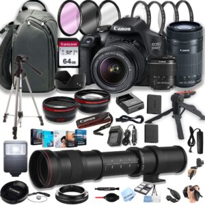 canon eos 2000d (rebel t7) dslr camera w/ef-s 18-55mm f/3.5-5.6 zoom lens + 55-250mm f/4-5.6 is stm lens + 64gb memory cards, professional photo bundle (44pc bundle)