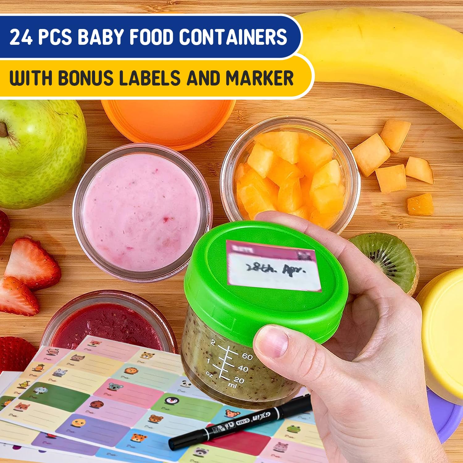 6 Pack Baby Food Storage Containers with Labels-4 Oz Baby Food Jars, Leak Proof, Puree Glass containers with lids Microwave & Dishwasher Safe Infants Kids & Growing Babies