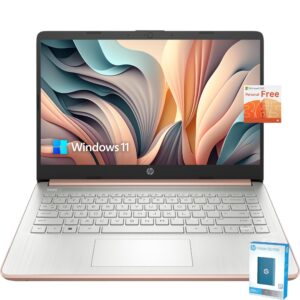 hp latest stream 14" hd laptop, intel celeron processor, 16gb memory, 64gb emmc storage, fast charge, hdmi, up to 11 hours long battery life, office 365 1-year, win 11 s, microfiber bundle, pink gold