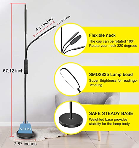 LED Floor Lamps Dimmable with Timer and Dimmer/Remote and Touch Control, 18W Bright Modern Standing Sofa Light, Adjustable Gooseneck Task Lighting for Reading Living Room Bedroom Office (Black)