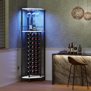 Homeiju Corner Wine Rack with Glass Holder and Led Strip Light, Corner Bar Wine Racks Free Standing Floor, Industrial Corner Bar Cabinet for Kitchen, Dining Room, Living Room or Cellar