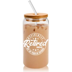 ymuklns offically retired 2023 16 oz iced coffee glass cup with lids and straw - retirement gift memorable gift for women men friends dad mom mother's day gift