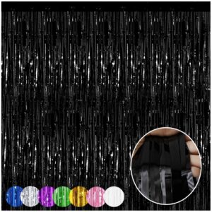 black foil fringe backdrop curtains, 2 pack of 3.28 ft x 8.28 ft metallic tinsel foil fringe streamer photo booth props backdrop for new year halloween birthday wedding party decorations
