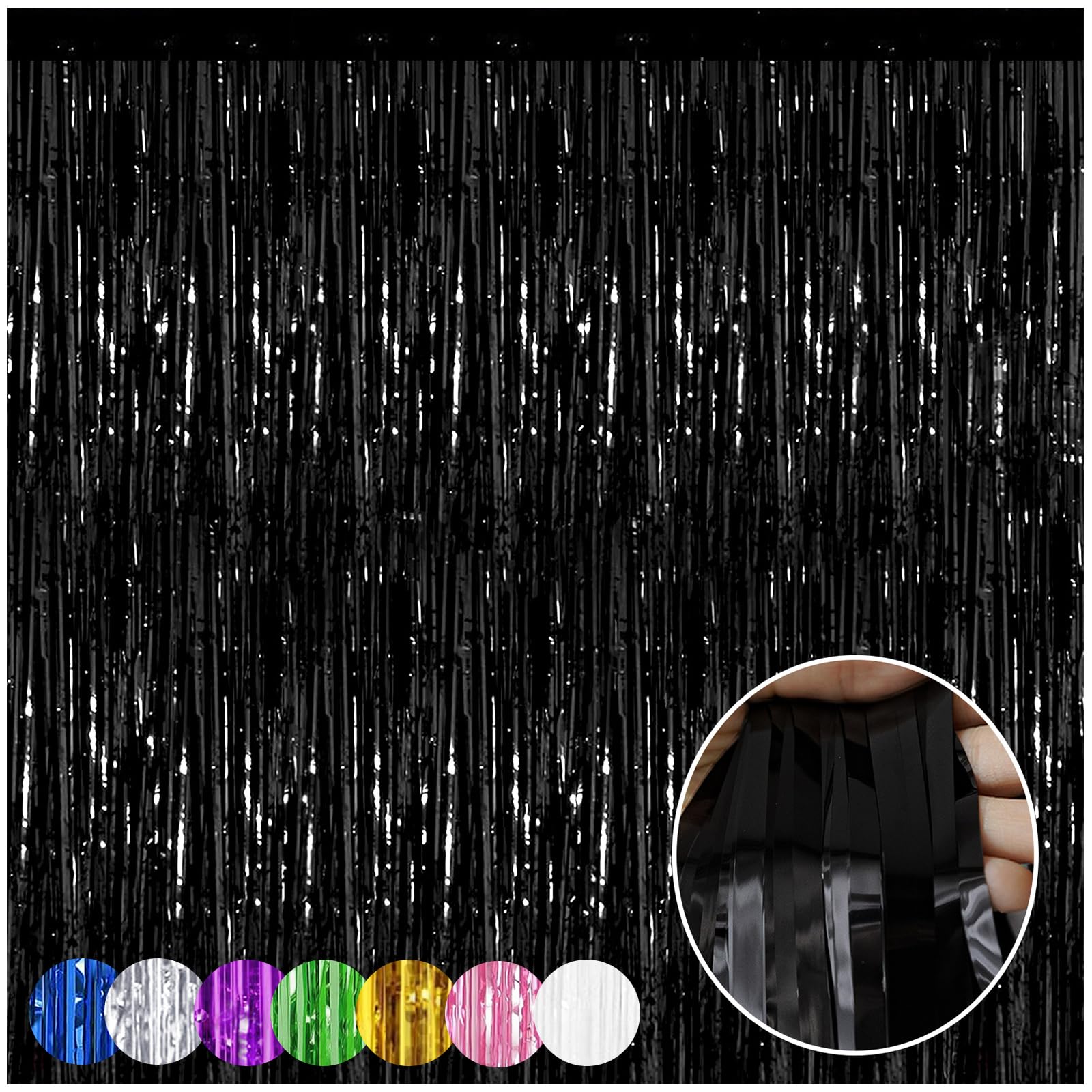 Black Foil Fringe Backdrop Curtains, 2 Pack of 3.28 ft x 8.28 ft Metallic Tinsel Foil Fringe Streamer Photo Booth Props Backdrop for New Year Halloween Birthday Wedding Party Decorations