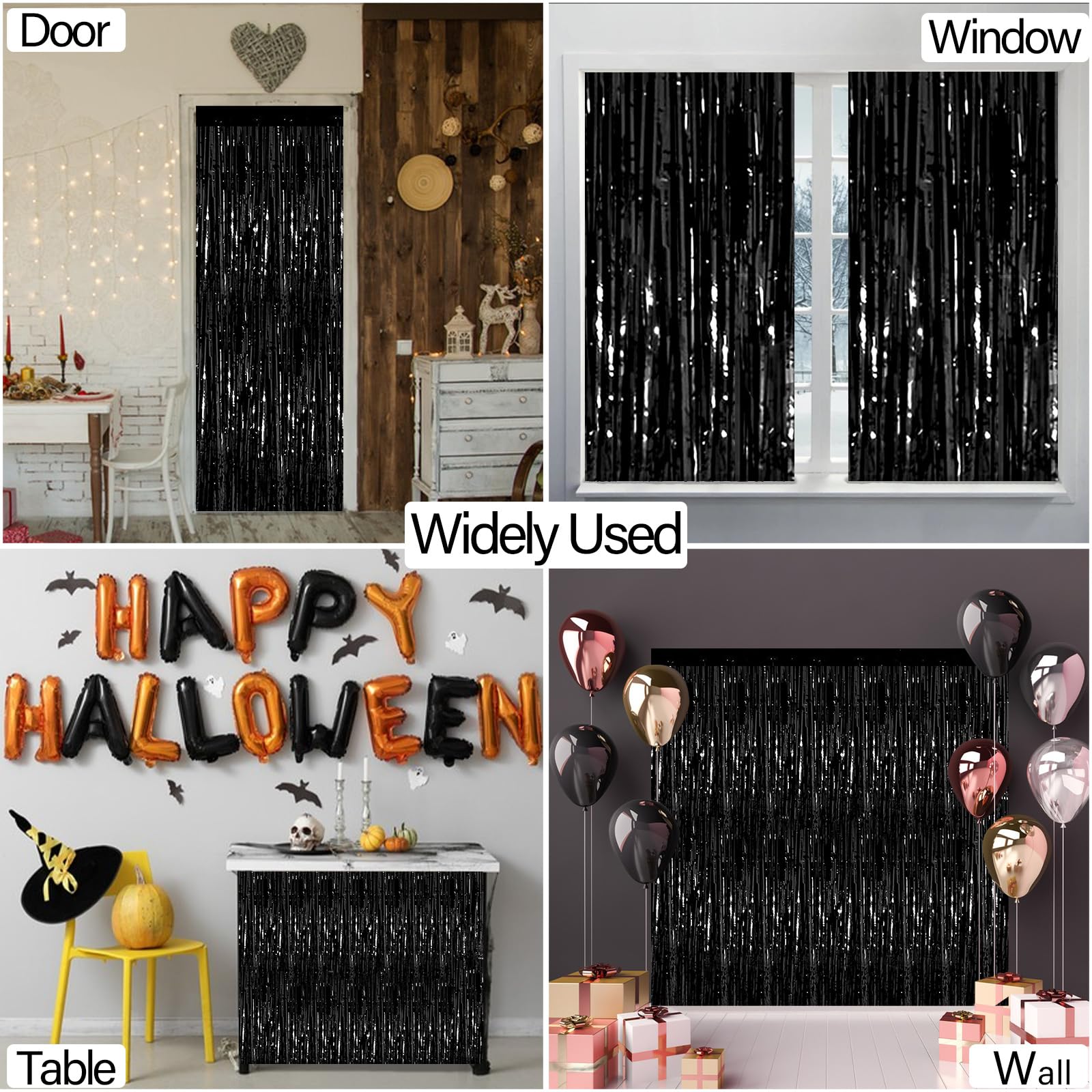 Black Foil Fringe Backdrop Curtains, 2 Pack of 3.28 ft x 8.28 ft Metallic Tinsel Foil Fringe Streamer Photo Booth Props Backdrop for New Year Halloween Birthday Wedding Party Decorations