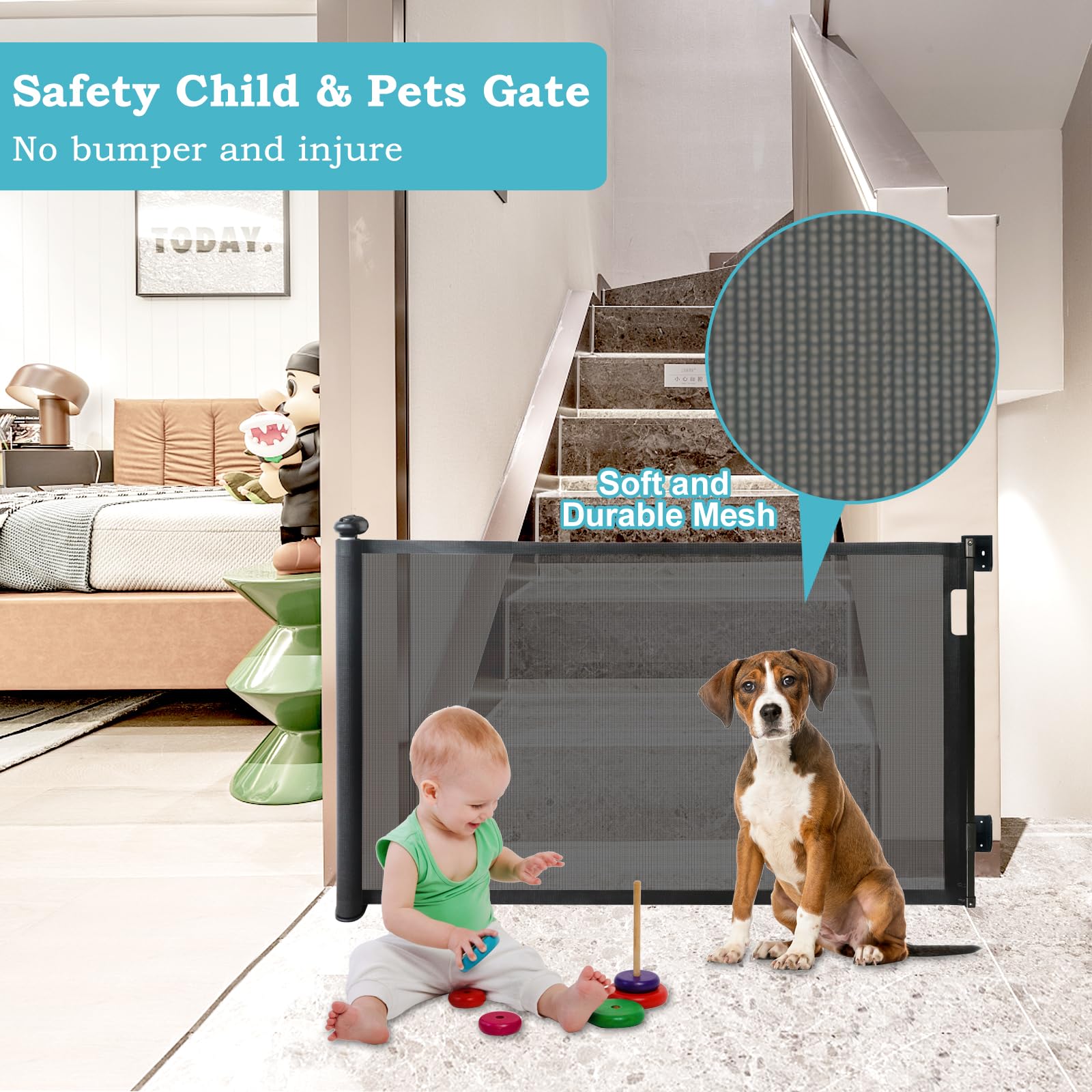 Retractable Baby Gate, Mesh Baby Gates for Stairs, 33" Tall, Extends up to 63" Wide, Child Gate Fence Babygate for Doorways, Stairs, Hallways, Indoor/Outdoor(Black)