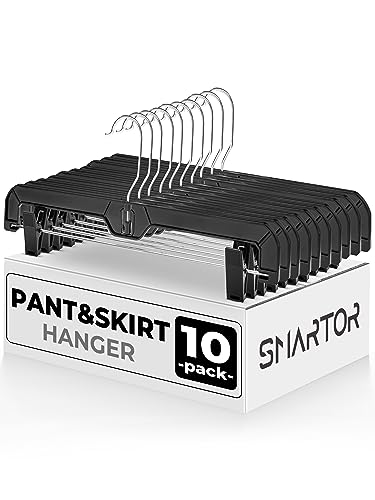 SMARTOR Pant Hangers & Skirt Hangers - Clips Hangers for Shorts, Shirts, Jeans, Dresses, Slacks, Coats, Clothes - Durable, Black Pant Hangers, Plastic Pant Hangers with Clips, Space Saving - 10 Pack