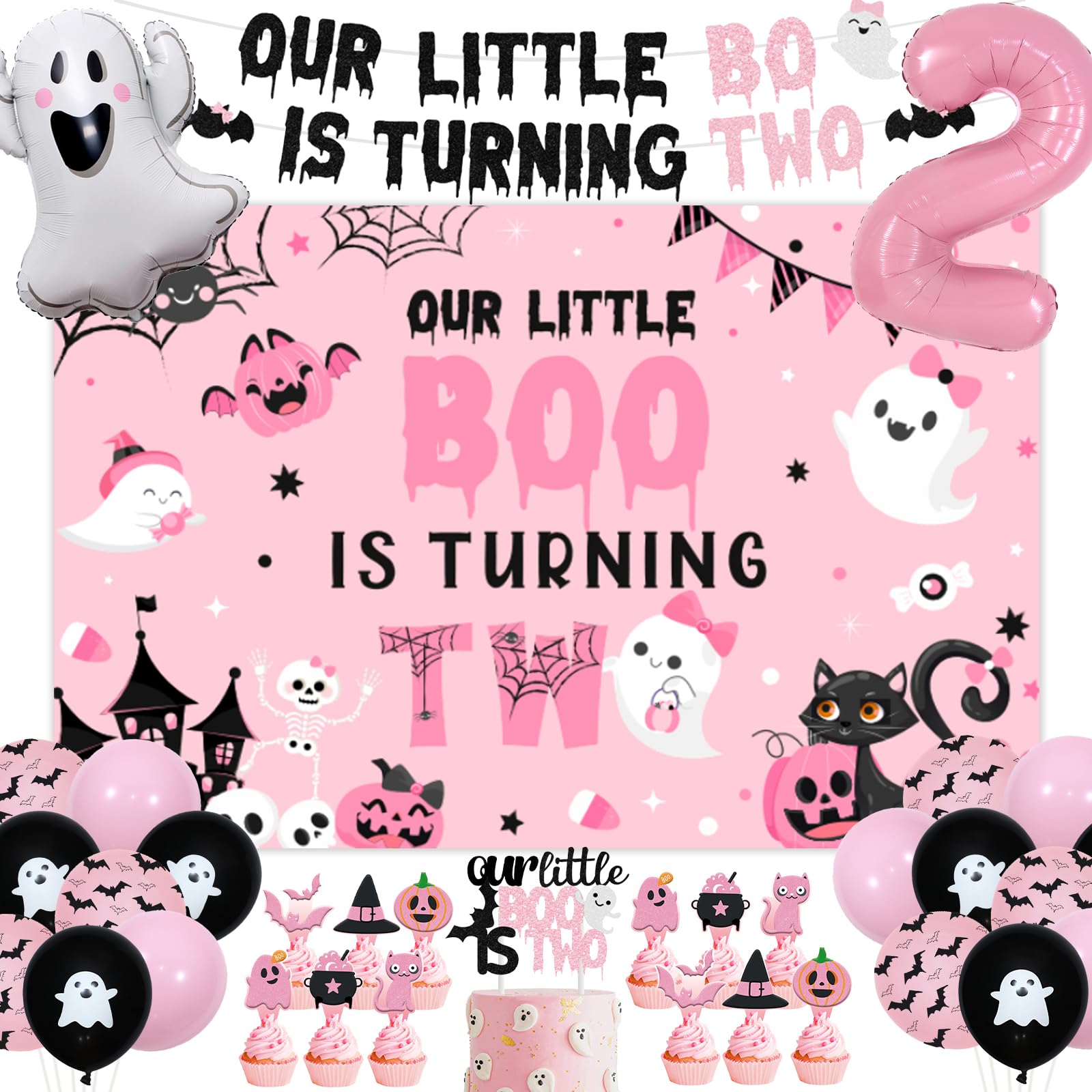 Fangleland Halloween Girls 2nd Birthday Decorations - Our Little Boo Is Turning Two Second Birthday Party Supplies for 2 Year Old Girl - Ghost Bat Backdrop Balloons Cake Topper Pink and Black