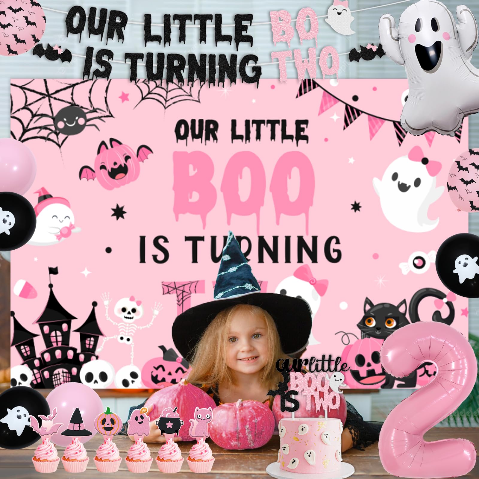 Fangleland Halloween Girls 2nd Birthday Decorations - Our Little Boo Is Turning Two Second Birthday Party Supplies for 2 Year Old Girl - Ghost Bat Backdrop Balloons Cake Topper Pink and Black