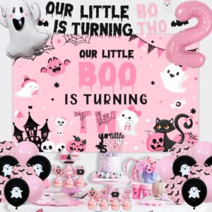 Fangleland Halloween Girls 2nd Birthday Decorations - Our Little Boo Is Turning Two Second Birthday Party Supplies for 2 Year Old Girl - Ghost Bat Backdrop Balloons Cake Topper Pink and Black