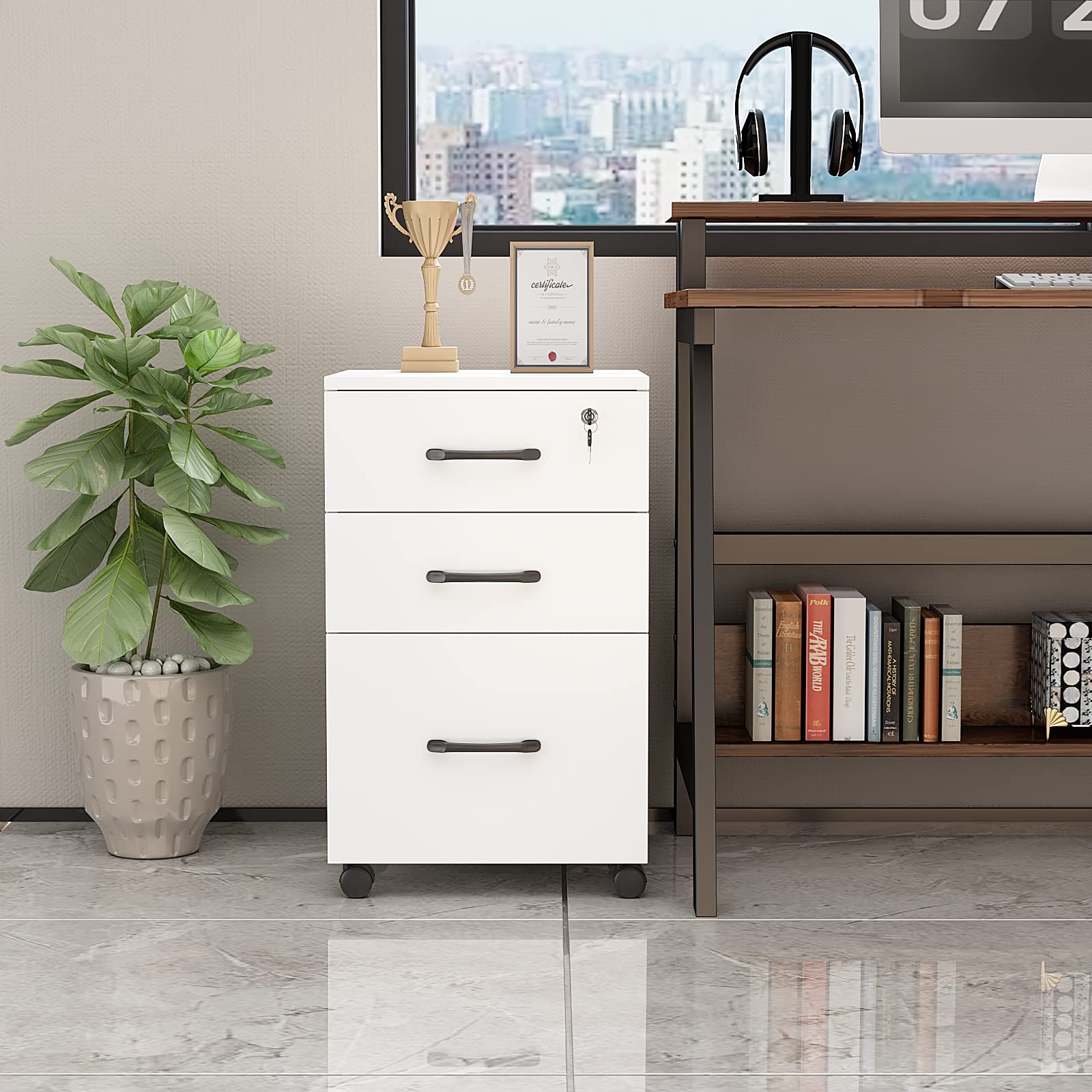 NEWSENDY Rolling File Cabinet: Slim White File Cabinet with Lock, 3-Drawer Under Desk Office Filing Cabinet for Letter/Legal Size Documents, Ideal for Home Office