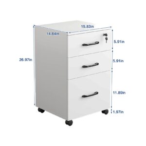 NEWSENDY Rolling File Cabinet: Slim White File Cabinet with Lock, 3-Drawer Under Desk Office Filing Cabinet for Letter/Legal Size Documents, Ideal for Home Office