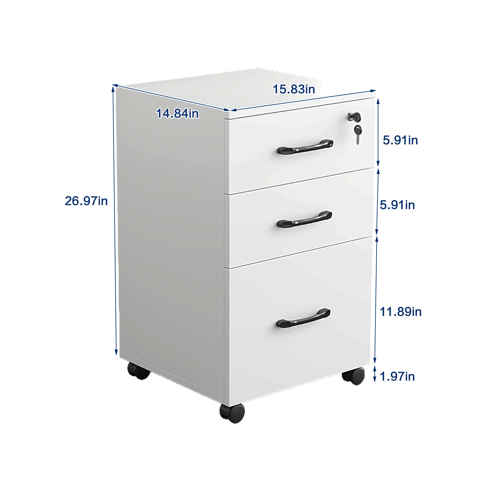 NEWSENDY Rolling File Cabinet: Slim White File Cabinet with Lock, 3-Drawer Under Desk Office Filing Cabinet for Letter/Legal Size Documents, Ideal for Home Office