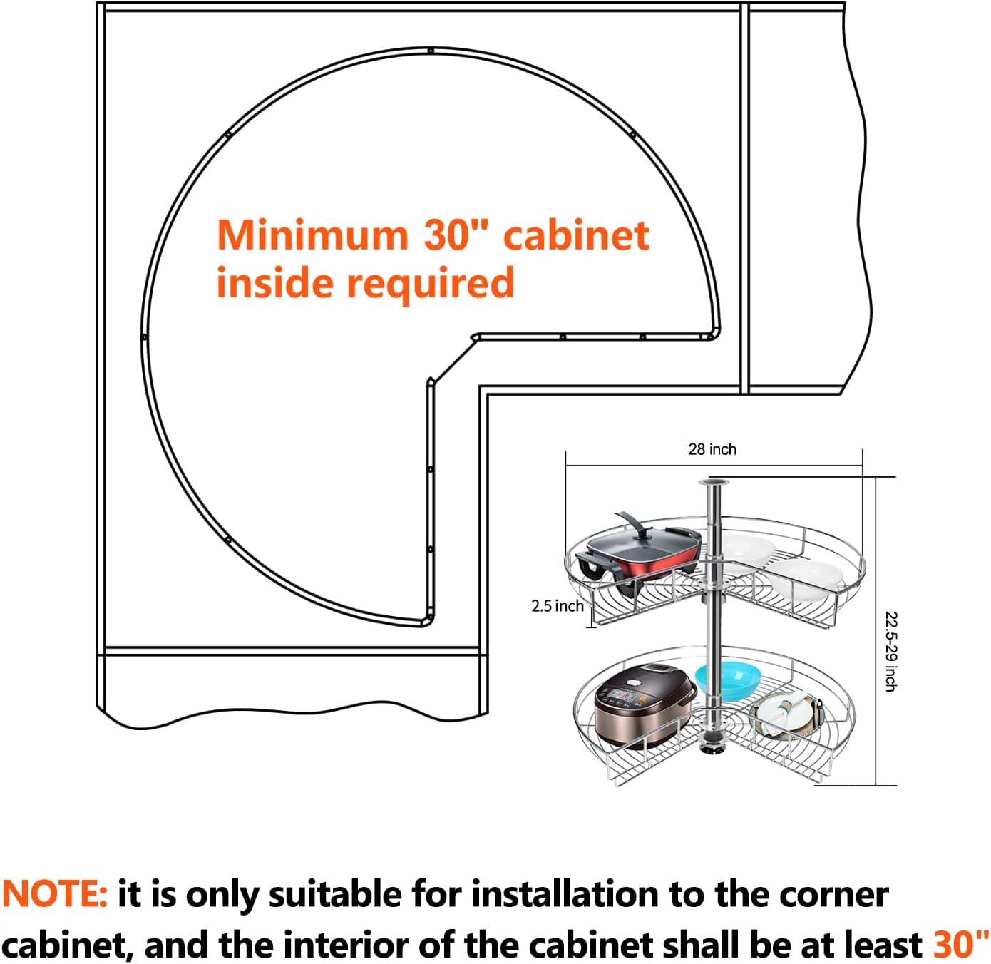 Atposh 28" Kidney Chrome Lazy Susans Kitchen Corner Cabinet Organizer (Not Cabinet Door) 270° 2 Shelf Rotating Storage Rack (28 Inch)