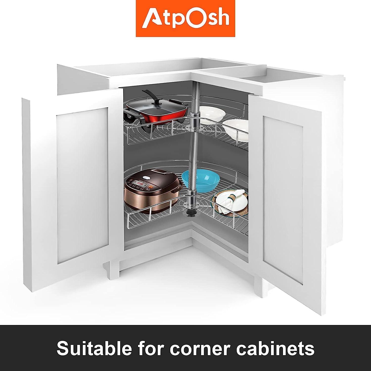 Atposh 28" Kidney Chrome Lazy Susans Kitchen Corner Cabinet Organizer (Not Cabinet Door) 270° 2 Shelf Rotating Storage Rack (28 Inch)