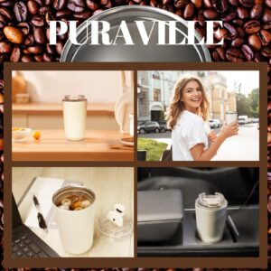 Puraville Insulated Tumblers with Lid, 14 oz Travel Coffee Mug Stainless Steel Vacuum Thermos Cup, 10/14 oz Leak Proof Reusable Double Walled Coffee Tumbler for Iced and Hot Drinks,Cream