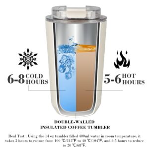 Puraville Insulated Tumblers with Lid, 14 oz Travel Coffee Mug Stainless Steel Vacuum Thermos Cup, 10/14 oz Leak Proof Reusable Double Walled Coffee Tumbler for Iced and Hot Drinks,Cream