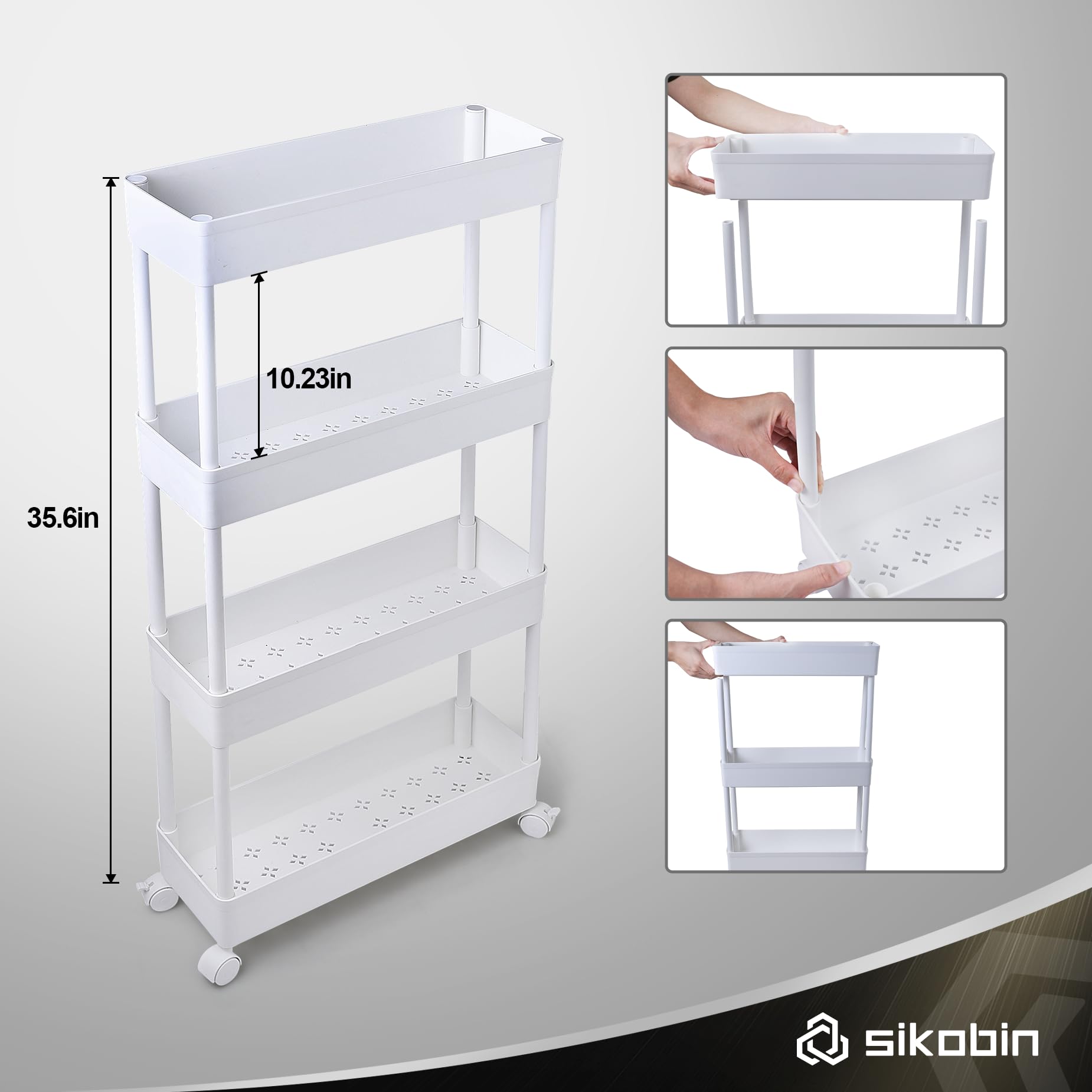 Sikobin Narrow Bathroom Storage Cart for Small Space Organization,Slim Rolling Storage Cart with Wheels,White Shelves as Laundry Room Organizer, Washroom Organizer,Kitchen Organizer