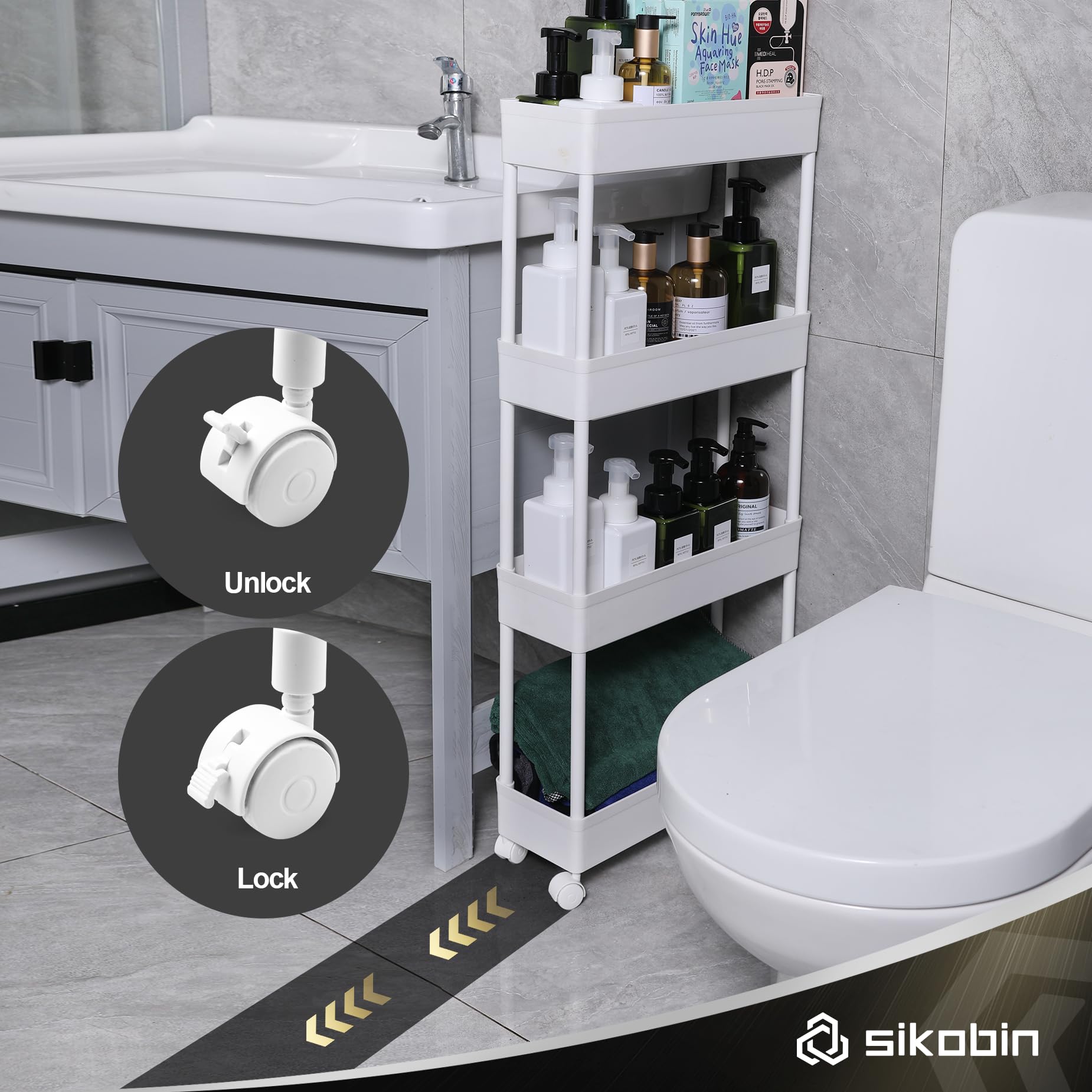 Sikobin Narrow Bathroom Storage Cart for Small Space Organization,Slim Rolling Storage Cart with Wheels,White Shelves as Laundry Room Organizer, Washroom Organizer,Kitchen Organizer