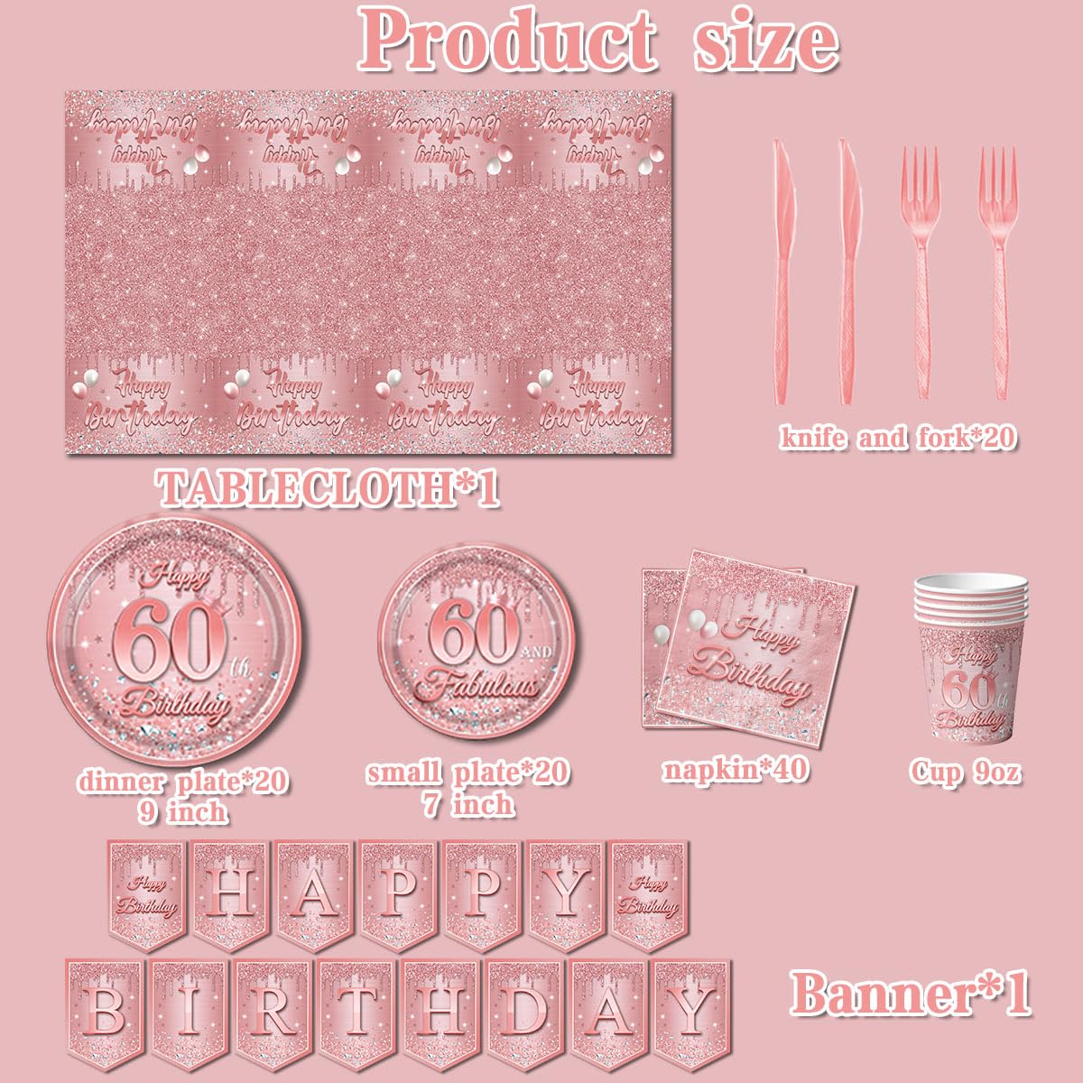 60th Birthday Rose Gold Supplies,142pcs Glitter Pink Rose Gold Tableware Include 60th Birthday Plates and Napkins Cups,Rose Gold Tablecloth Happy Birthday Banner for Women Happy 40th Birthday