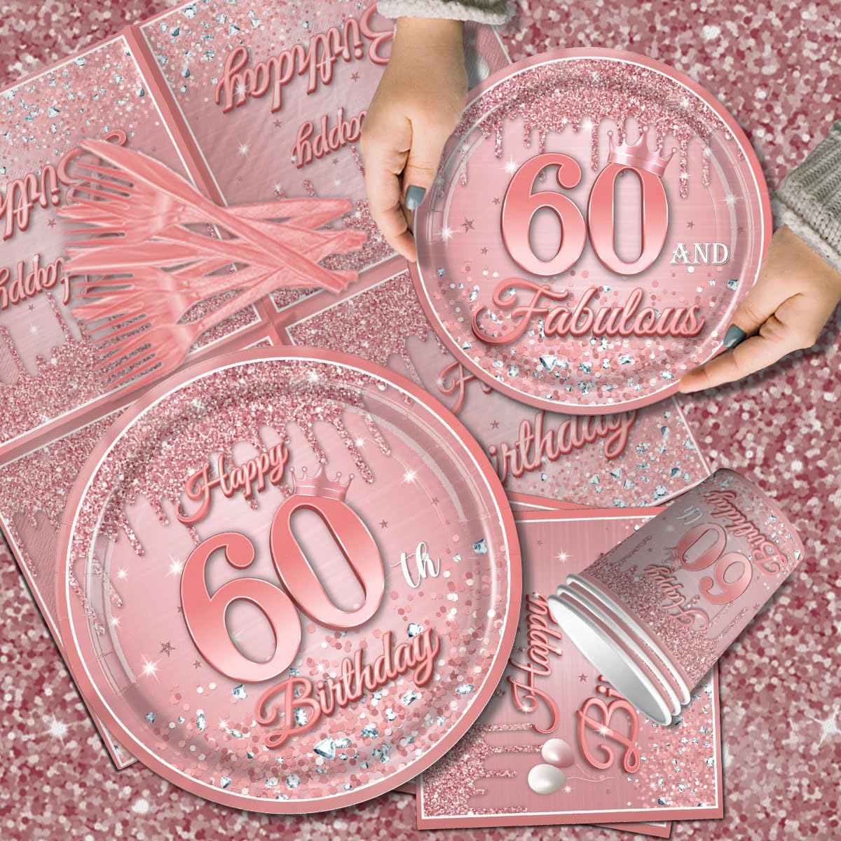 60th Birthday Rose Gold Supplies,142pcs Glitter Pink Rose Gold Tableware Include 60th Birthday Plates and Napkins Cups,Rose Gold Tablecloth Happy Birthday Banner for Women Happy 40th Birthday