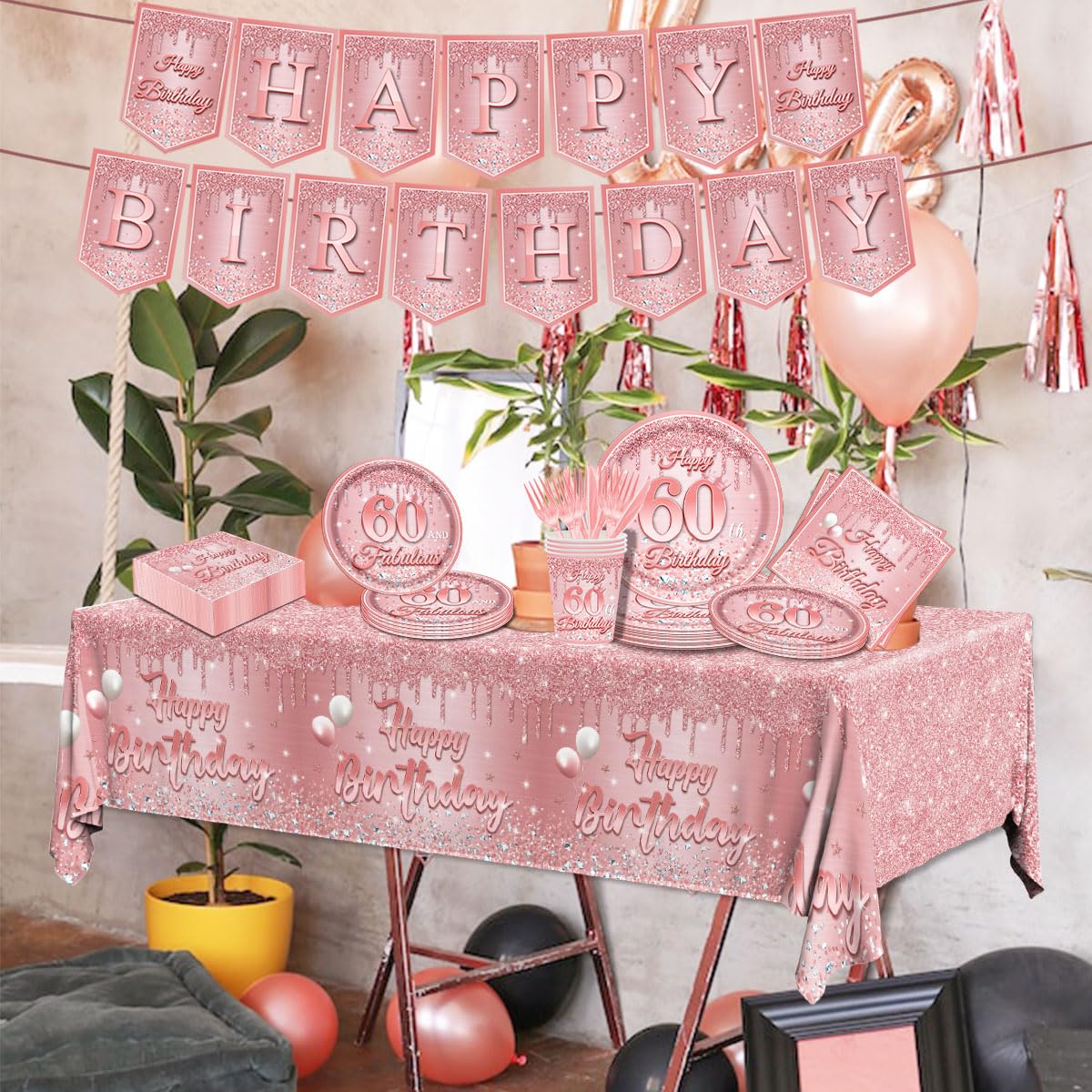 60th Birthday Rose Gold Supplies,142pcs Glitter Pink Rose Gold Tableware Include 60th Birthday Plates and Napkins Cups,Rose Gold Tablecloth Happy Birthday Banner for Women Happy 40th Birthday
