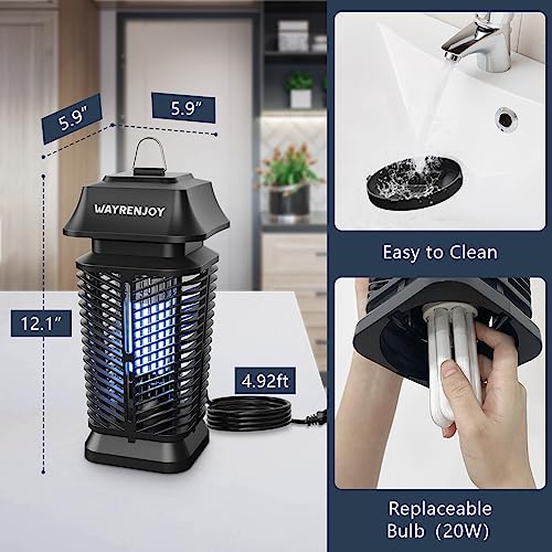 Wayrenjoy Bug Zapper Outdoor, Electric Mosquito Zapper, 20W Bulb IPX4 Waterproof Indoor Mosquito Killer Lamp 4200v Grid Fly Zapper for Home Kitchen Bug Light Moth Zapper Outdoor Backyard Garden Camp