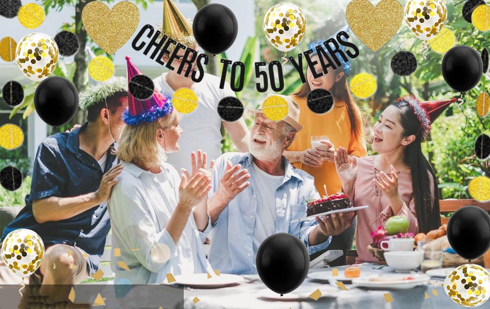 50th Birthday Anniversary Wedding Banner Funny Birthday Banner Glitter Cheers to 50 Years Birthday Party Decoration Supplies Hanging Garland Kit 10 Balloons Bunting 50 Bday Backdrop Adult Black Gold