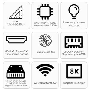 KingnovyPC 8K Mini PC AMD Ryzen 7 3750H Windows 11(8C/16T, up to 4.5 GHz), Barebone, Mini Desktop Computer, Type-C/2*HDMI Output, 4*USB 3.0, WiFi 6 BT 5.2