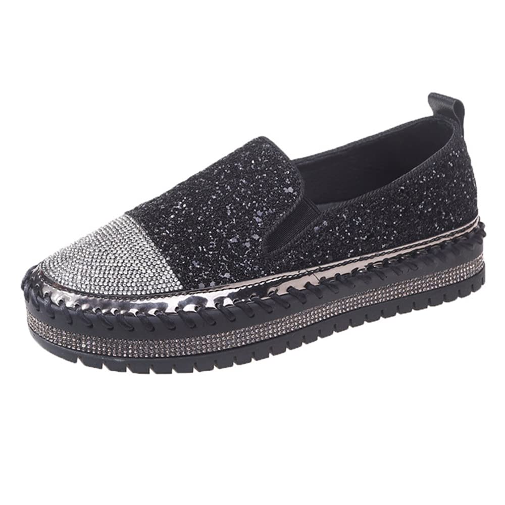 SUGURETA Women's Fashion Rhinestone Slip On Sneakers Casual Comfort Platform Walking Shoes Cute Bowknot Glitter Bling Loafers A-Black 41