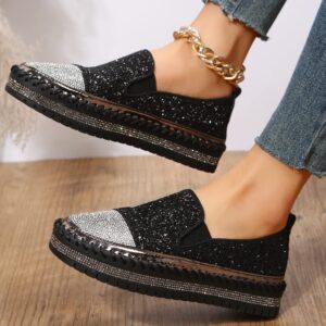 SUGURETA Women's Fashion Rhinestone Slip On Sneakers Casual Comfort Platform Walking Shoes Cute Bowknot Glitter Bling Loafers A-Black 41