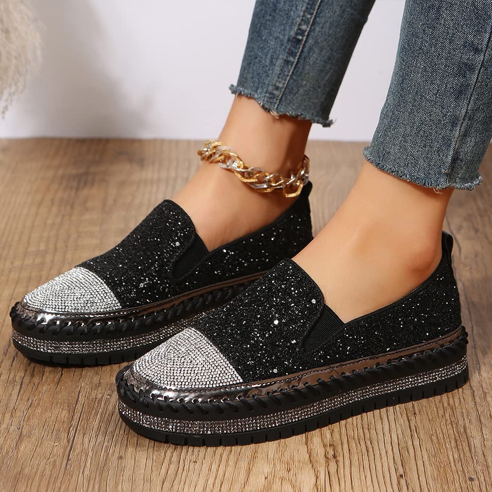 SUGURETA Women's Fashion Rhinestone Slip On Sneakers Casual Comfort Platform Walking Shoes Cute Bowknot Glitter Bling Loafers A-Black 41