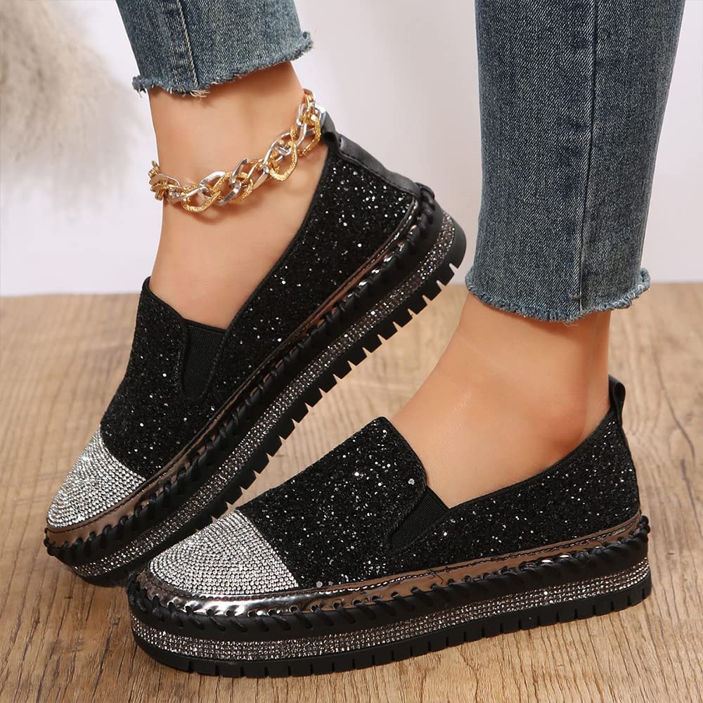 SUGURETA Women's Fashion Rhinestone Slip On Sneakers Casual Comfort Platform Walking Shoes Cute Bowknot Glitter Bling Loafers A-Black 41