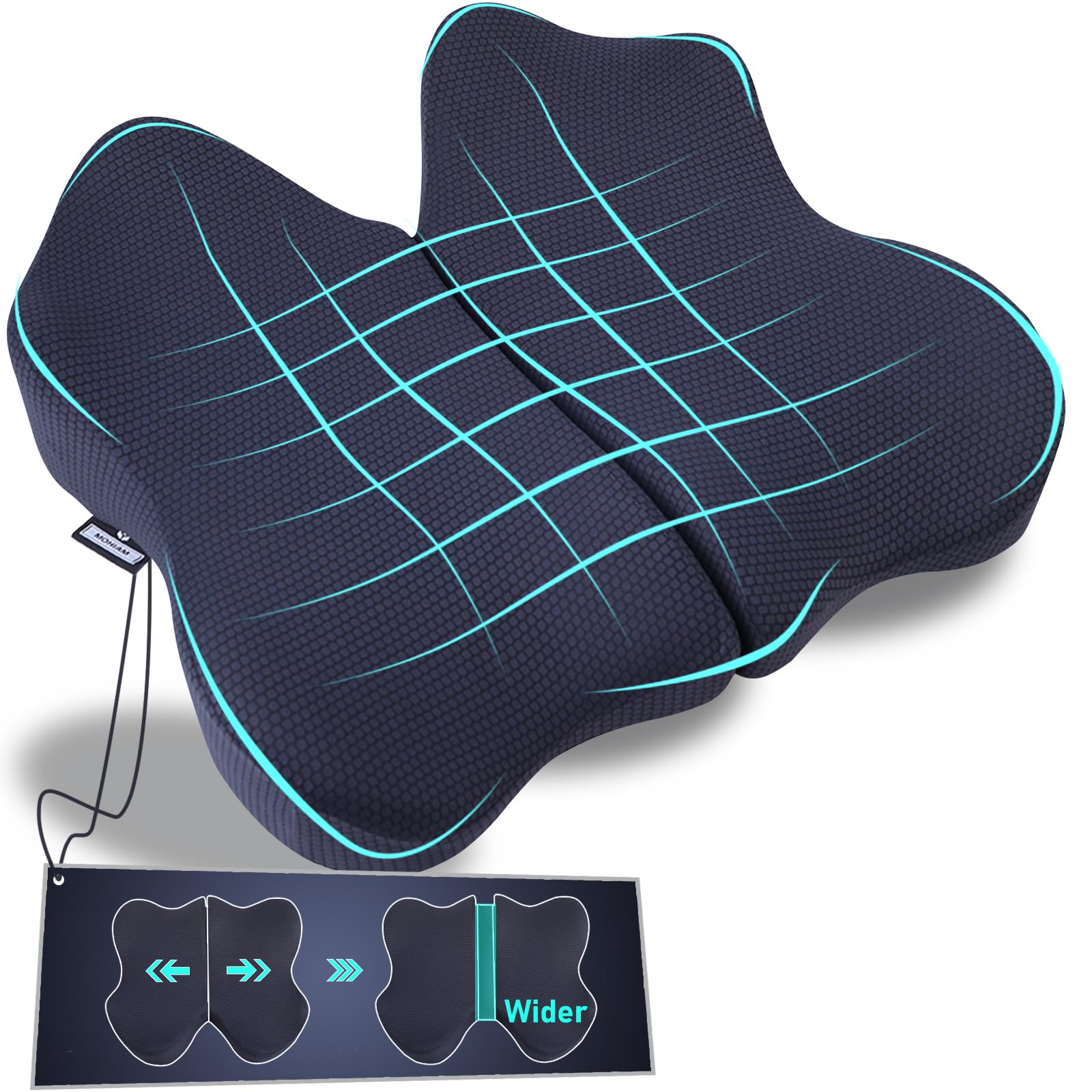 Seat Cushion X Large Adjustable Width for Office Chair, Car Seat Cushion, Ergonomic Memory Foam Cushions Pad for Sciatica, Coccyx, Pain Relief for Long Sitting, Foldable Soft Wheelchair Cushion