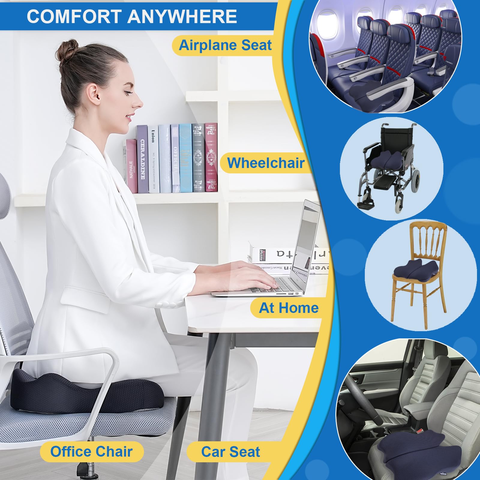 Seat Cushion X Large Adjustable Width for Office Chair, Car Seat Cushion, Ergonomic Memory Foam Cushions Pad for Sciatica, Coccyx, Pain Relief for Long Sitting, Foldable Soft Wheelchair Cushion