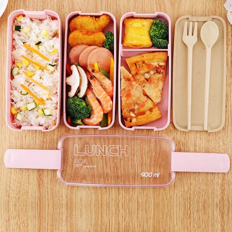 Mejiwasmi Portable Bento Box, 3-layers Lunch Box, 900ML Wheat Straw Dinnerware Food Storage Container (Pink)