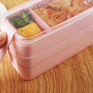 Mejiwasmi Portable Bento Box, 3-layers Lunch Box, 900ML Wheat Straw Dinnerware Food Storage Container (Pink)