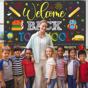 Welcome Back to School Backdrops, Welcome Back Bulletin Board Back to School Banner Sign Hanging Fabric Photography Background for First Day of School Classroom and Office Decorations,73x44 Inch